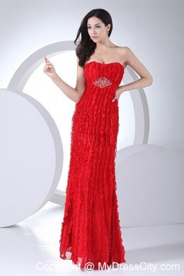 Flowery Red Vertical Ruffled Stripes Beaded Prom Pageant Dress